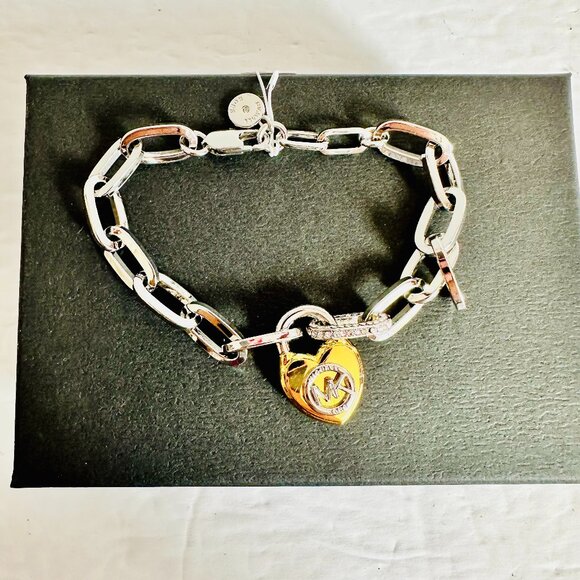 MICHAEL KORS DANGLING HEART CHARM PAVE CZ CHAIN BRACELET - Picture 1 of 6